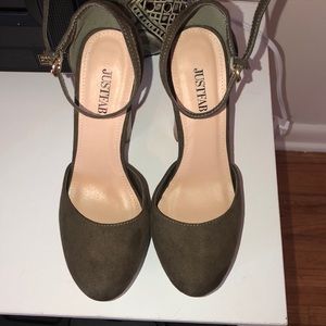 JustFab “Jayla” olive green platform heels.